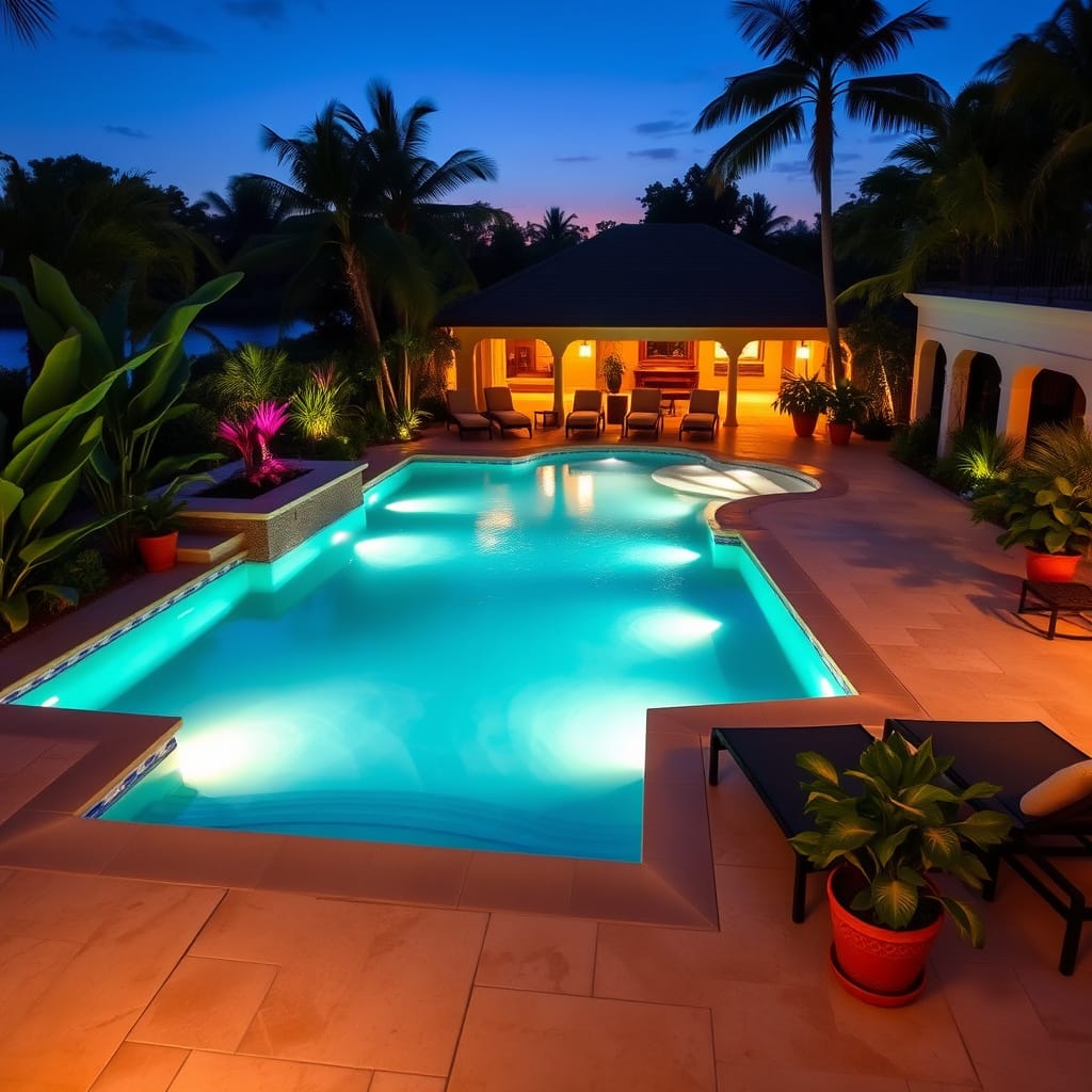 Expansive outdoor swimming pool at dusk, featuring professional-grade LED underwater lighting
