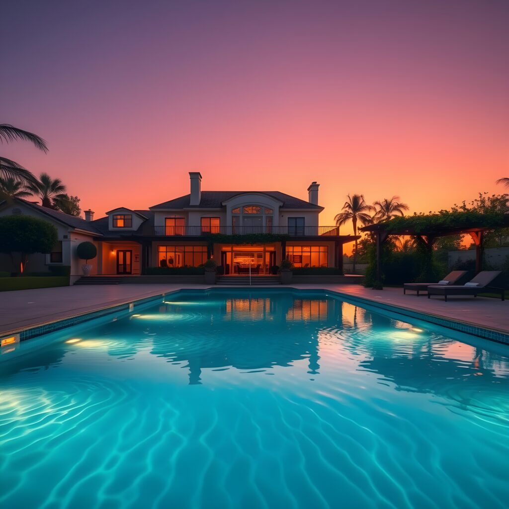 Luxury swimming pool at sunset with professionally installed underwater LED lighting, casting a radiant glow. Expertly wired for safety, energy efficiency, and long-lasting performance