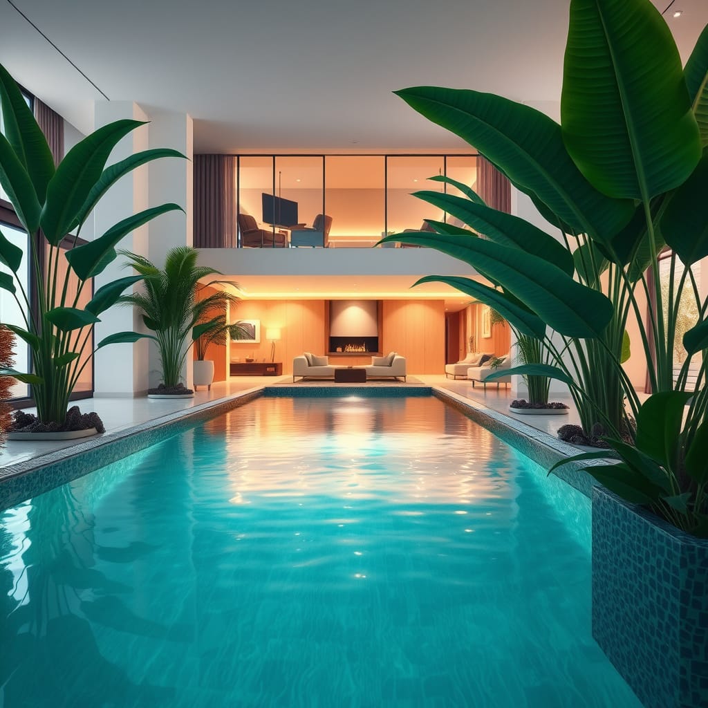 Luxury indoor swimming pool with warm-toned LED lighting, creating a calming ambiance. Expertly installed underwater electrics ensure efficiency and safety